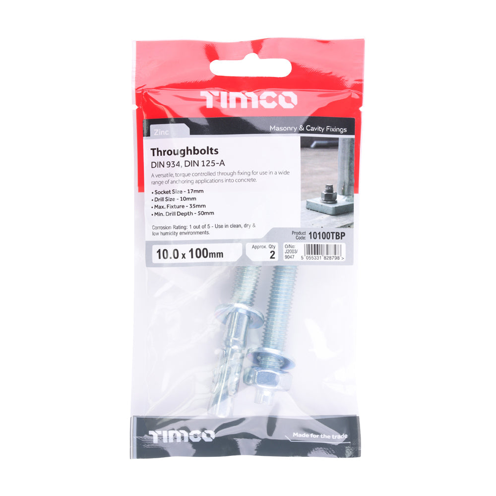 This is an image of Timco - Throughbolts - Zinc M10 x 100mm - (2 PCS TIMpac) 10100TBP