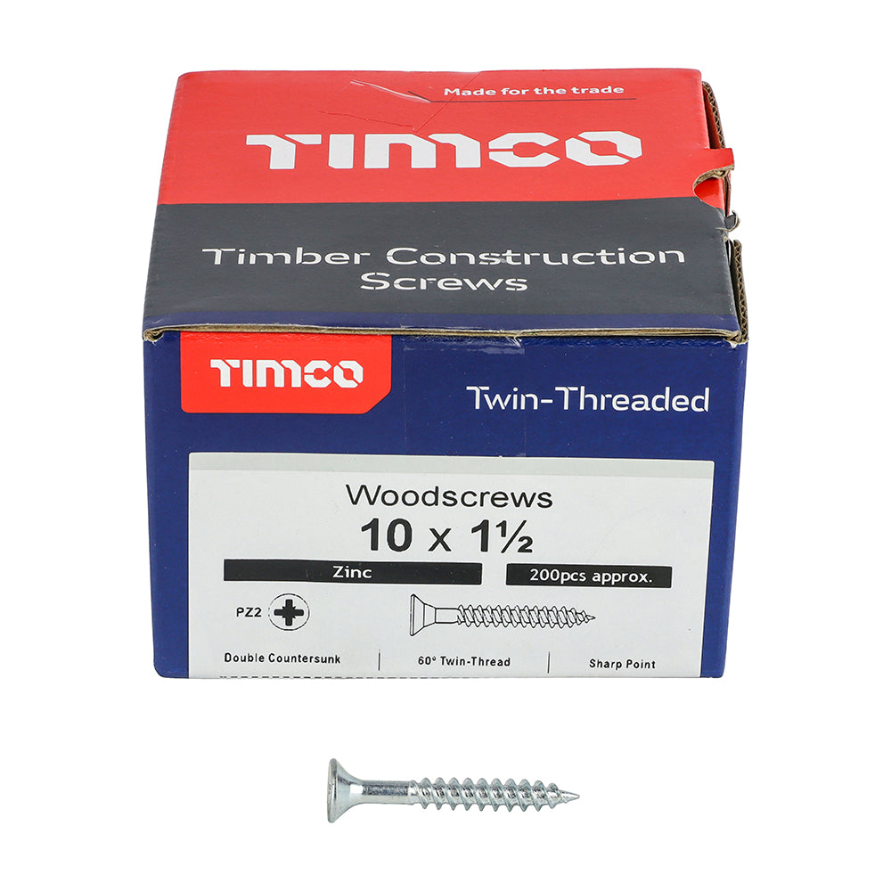 This is an image of Timco - Twin-Threaded Woodscrews - PZ - Double Countersunk - Zinc 10 x 1 1/2" - (200 PCS Box) 10112CWZ