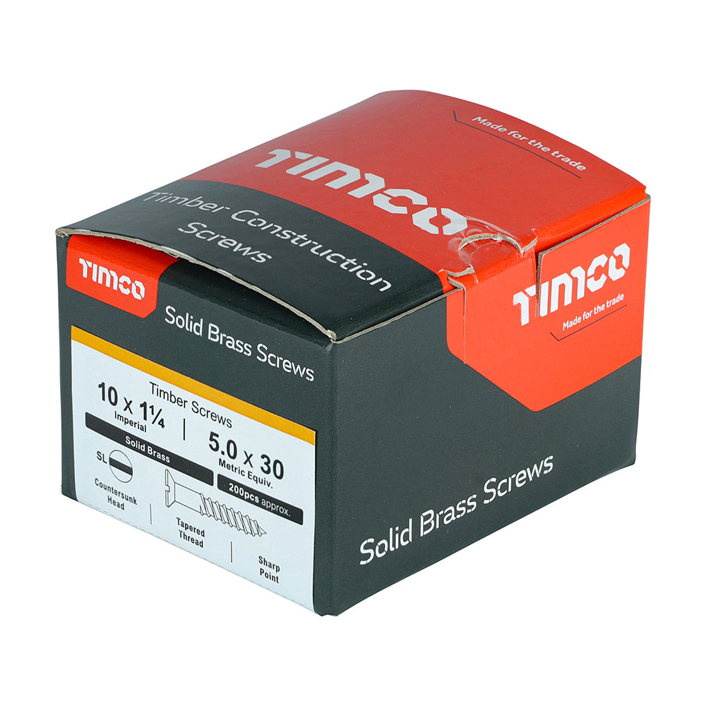 This is an image of Timco - Solid Brass Timber Screws - SLOT - Countersunk 10 x 1 1/4" - (200 PCS Box) 10114CBS