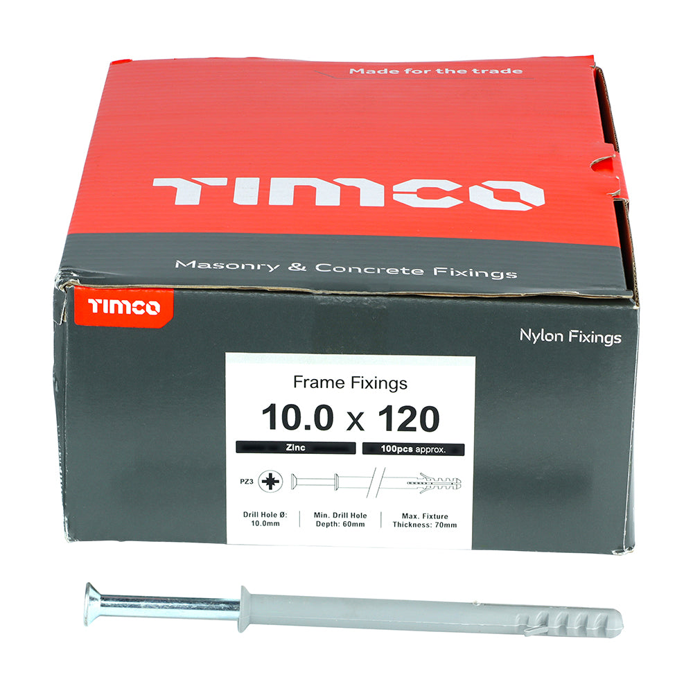 This is an image of Timco - Nylon Frame Fixing - PZ - Zinc 10.0 x 120mm - (100 PCS Box) 10120NFF