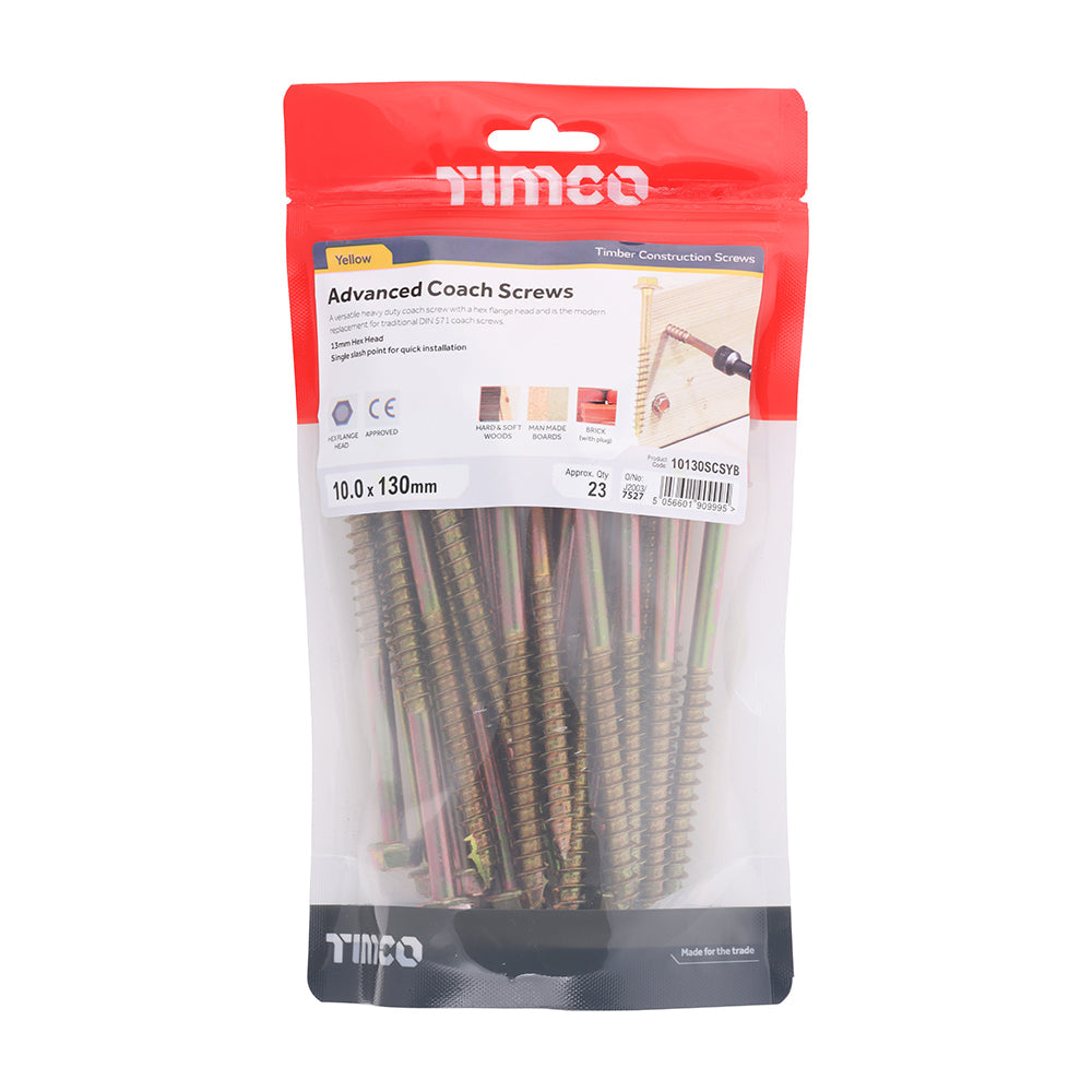 This is an image of Timco - Advanced Coach Screws - Hex Flange - Yellow 10.0 x 130mm - (23 PCS TIMbag) 10130SCSYB