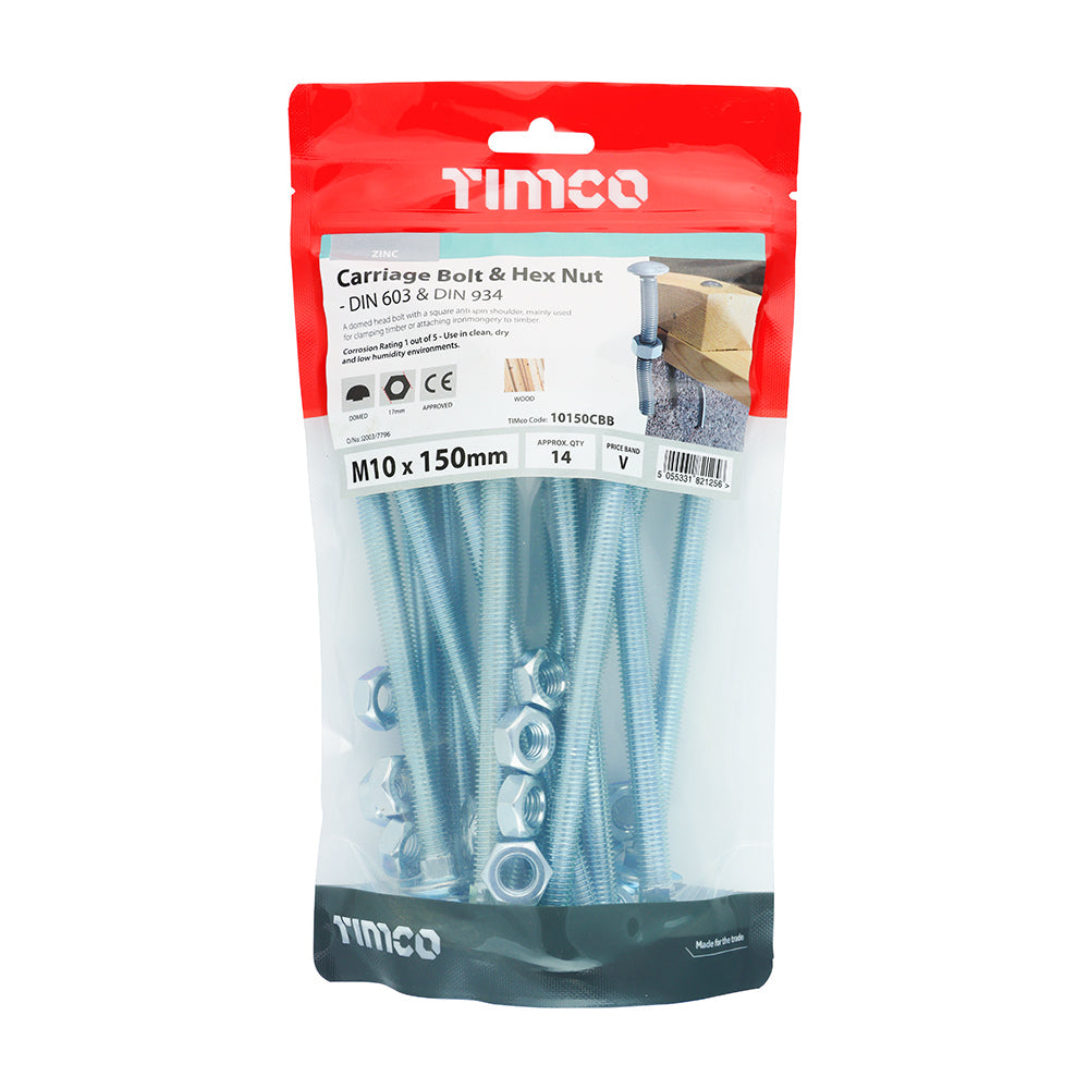 This is an image of Timco - Carriage Bolts & Hex Nuts - Zinc M10 x 150mm - (14 PCS TIMbag) 10150CBB