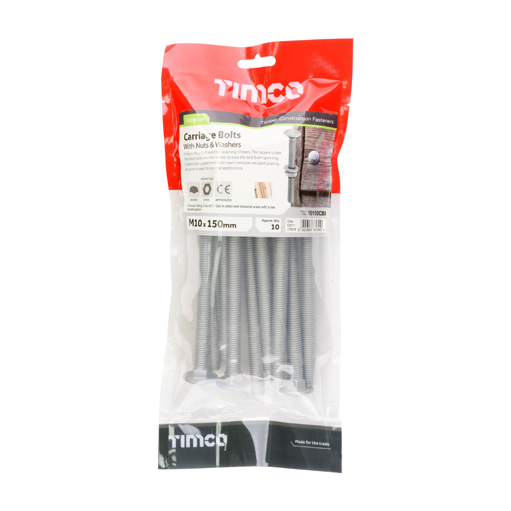 This is an image of Timco - Carriage Bolts Hex Nuts & Form A Washers - Dome - Exterior - Silver M10 x 150mm - (10 PCS TIMbag) 10150CBI