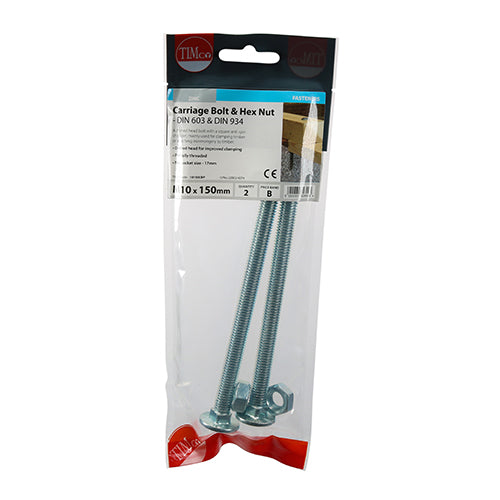 This is an image of Timco - Carriage Bolts & Hex Nuts - Zinc M10 x 150mm - (2 PCS TIMpac) 10150CBP