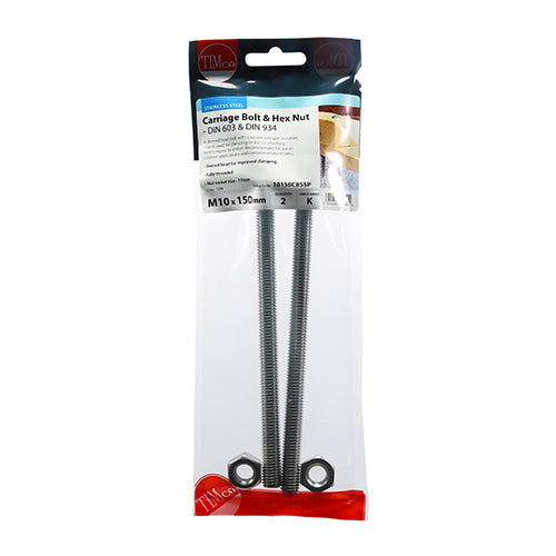 This is an image of Timco - Carriage Bolts & Hex Nuts - Stainless Steel M10 x 150mm - (2 PCS TIMpac) 10150CBSSP