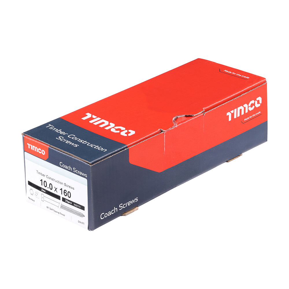 This is an image of Timco - Coach Screws - Hex - Zinc 10.0 x 160mm - (25 PCS Box) 10160CSC