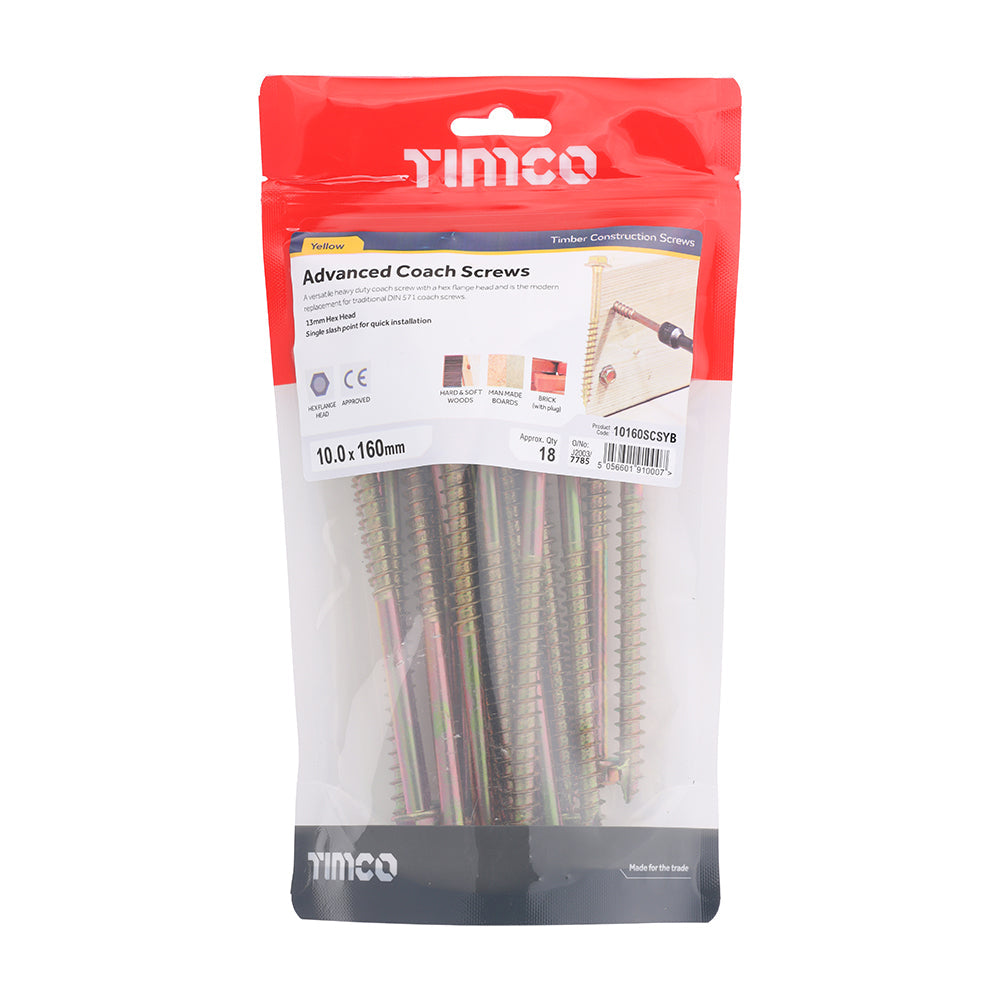 This is an image of Timco - Advanced Coach Screws - Hex Flange - Yellow 10.0 x 160mm - (18 PCS TIMbag) 10160SCSYB
