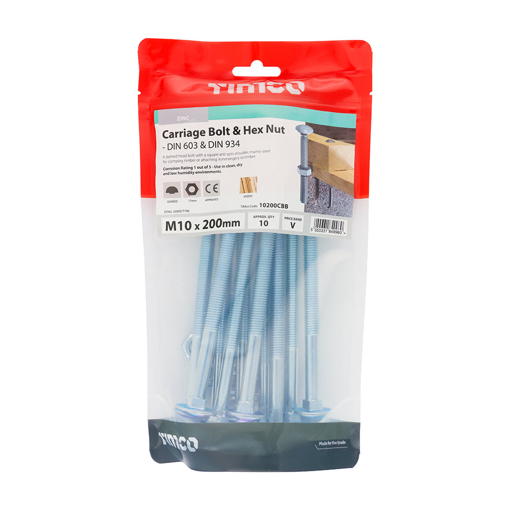 This is an image of Timco - Carriage Bolts & Hex Nuts - Zinc M10 x 200mm - (10 PCS TIMbag) 10200CBB