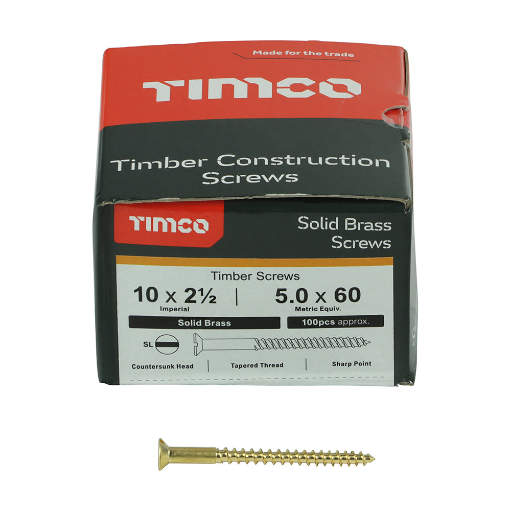This is an image of Timco - Solid Brass Timber Screws - SLOT - Countersunk 10 x 2 1/2" - (100 PCS Box) 10212CBS