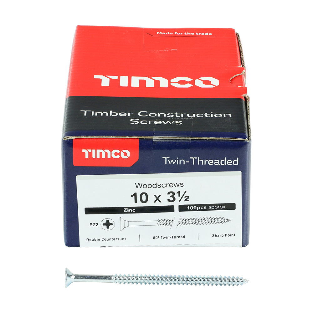 This is an image of Timco - Twin-Threaded Woodscrews - PZ - Double Countersunk - Zinc 10 x 3 1/2" - (100 PCS Box) 10312CWZ