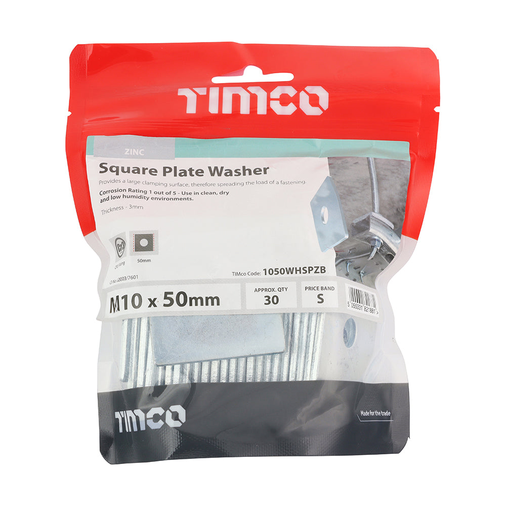 This is an image of Timco - Square Plate Washers - Zinc M10 x 50 x 50 x 3mm - (30 PCS TIMbag) 1050WHSPZB