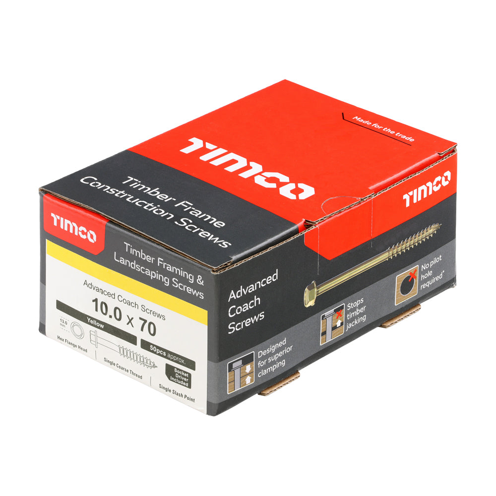 This is an image of Timco - Advanced Coach Screws - Hex Flange - Yellow 10.0 x 70mm - (50 PCS Box) 1070SCSY