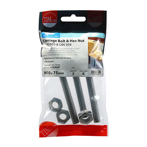 This is an image of Timco - Carriage Bolts & Hex Nuts - Stainless Steel M10 x 75mm - (3 PCS TIMpac) 1075CBSSP