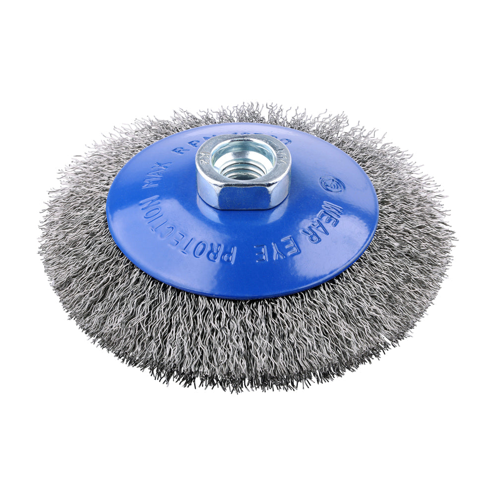 This is an image of Timco - Angle Grinder Bevel Brush - Crimped Stainless Steel 115mm (1 Each Blister Pack) 115TBCSS