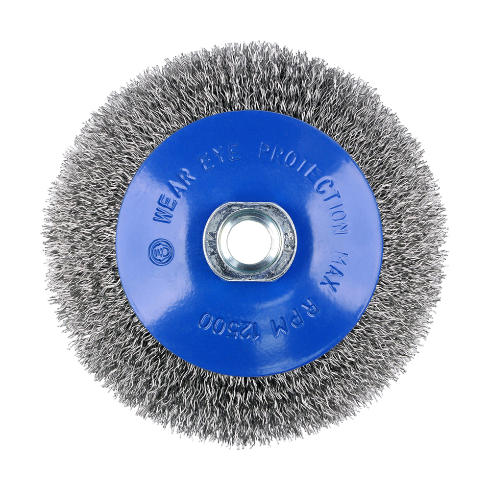 This is an image of Timco - Angle Grinder Bevel Brush - Crimped Stainless Steel 115mm (1 Each Blister Pack) 115TBCSS