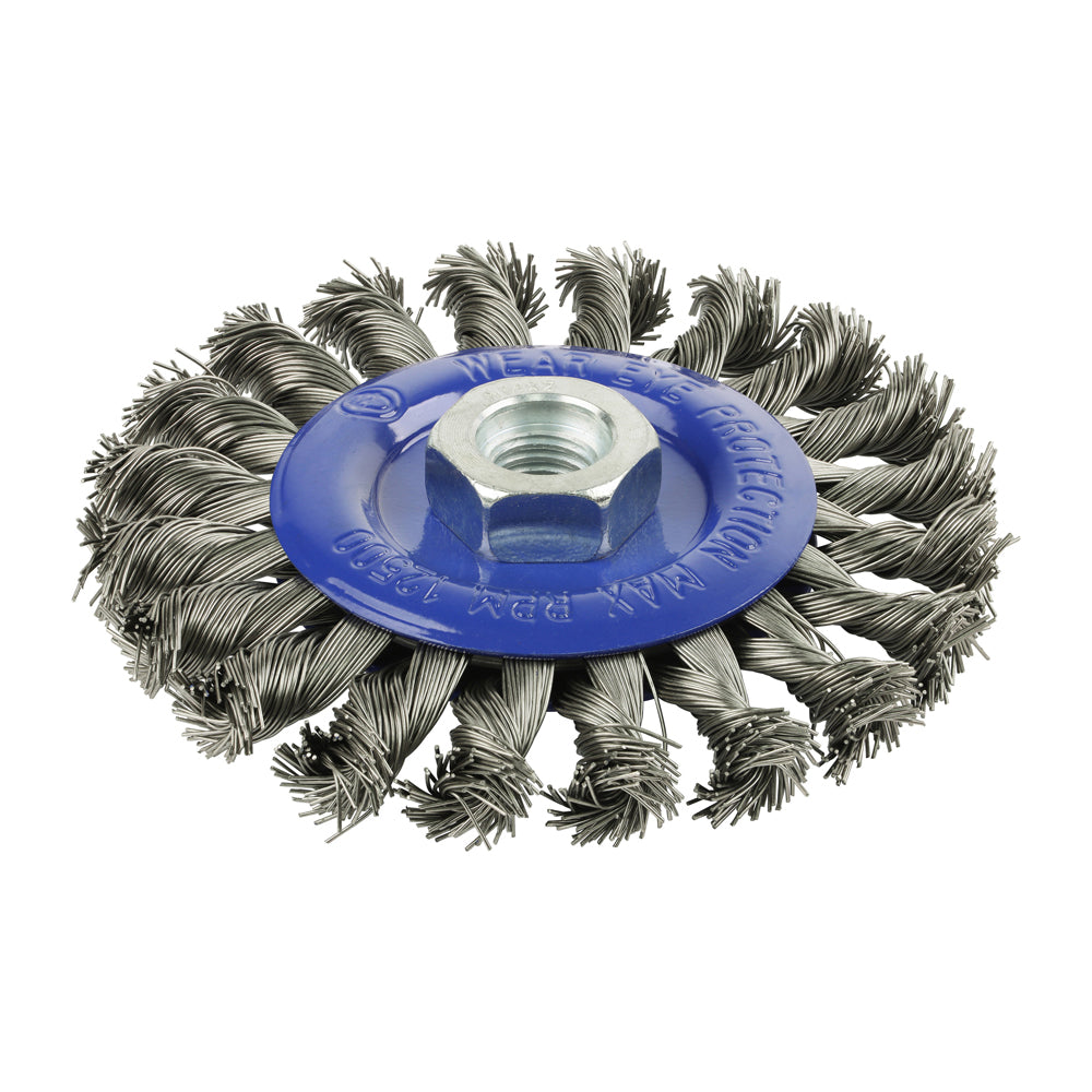 This is an image of Timco - Angle Grinder Wheel Brush - Twisted Knot Stainless Steel 115mm (1 Each Box) 115TWTSS
