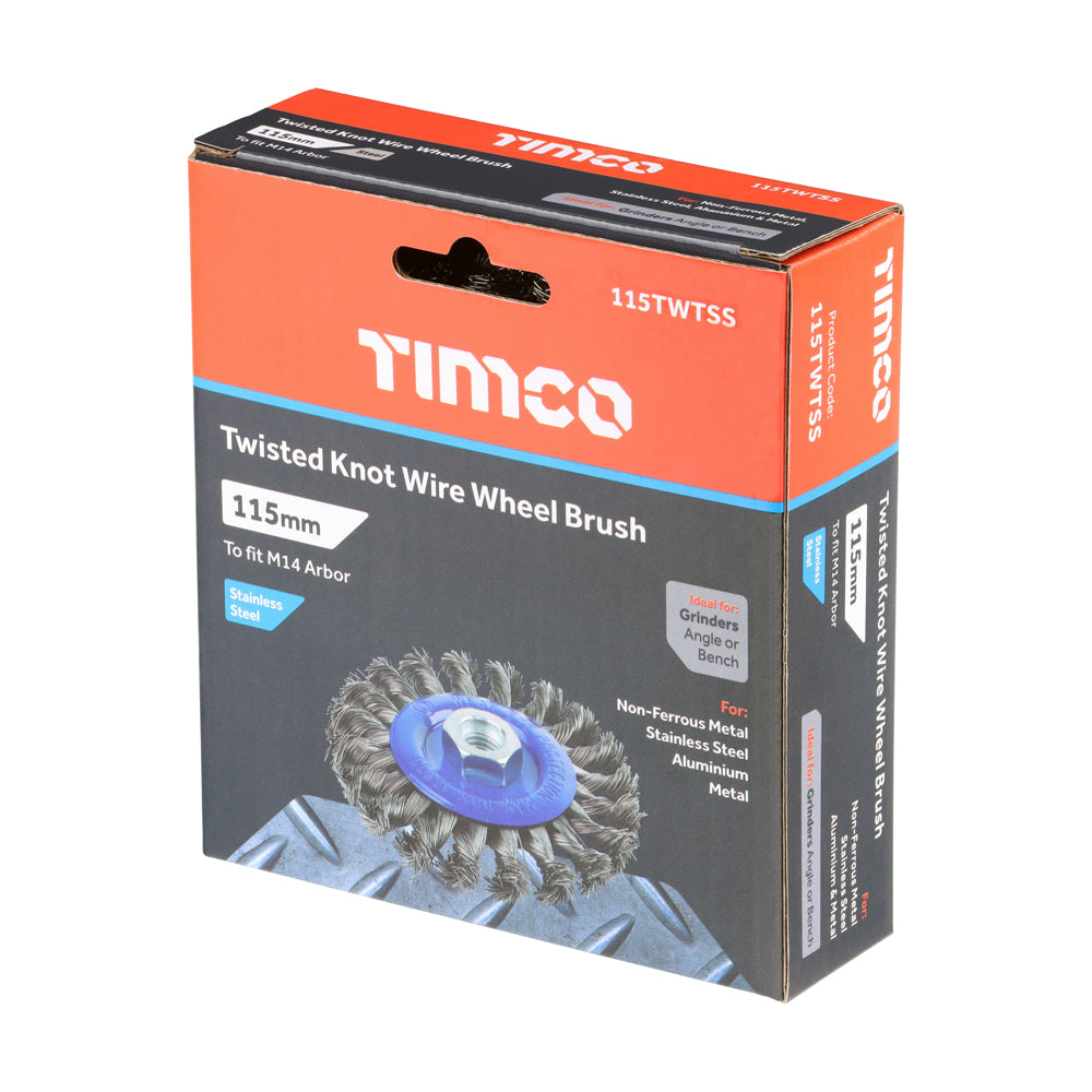 This is an image of Timco - Angle Grinder Wheel Brush - Twisted Knot Stainless Steel 115mm (1 Each Box) 115TWTSS
