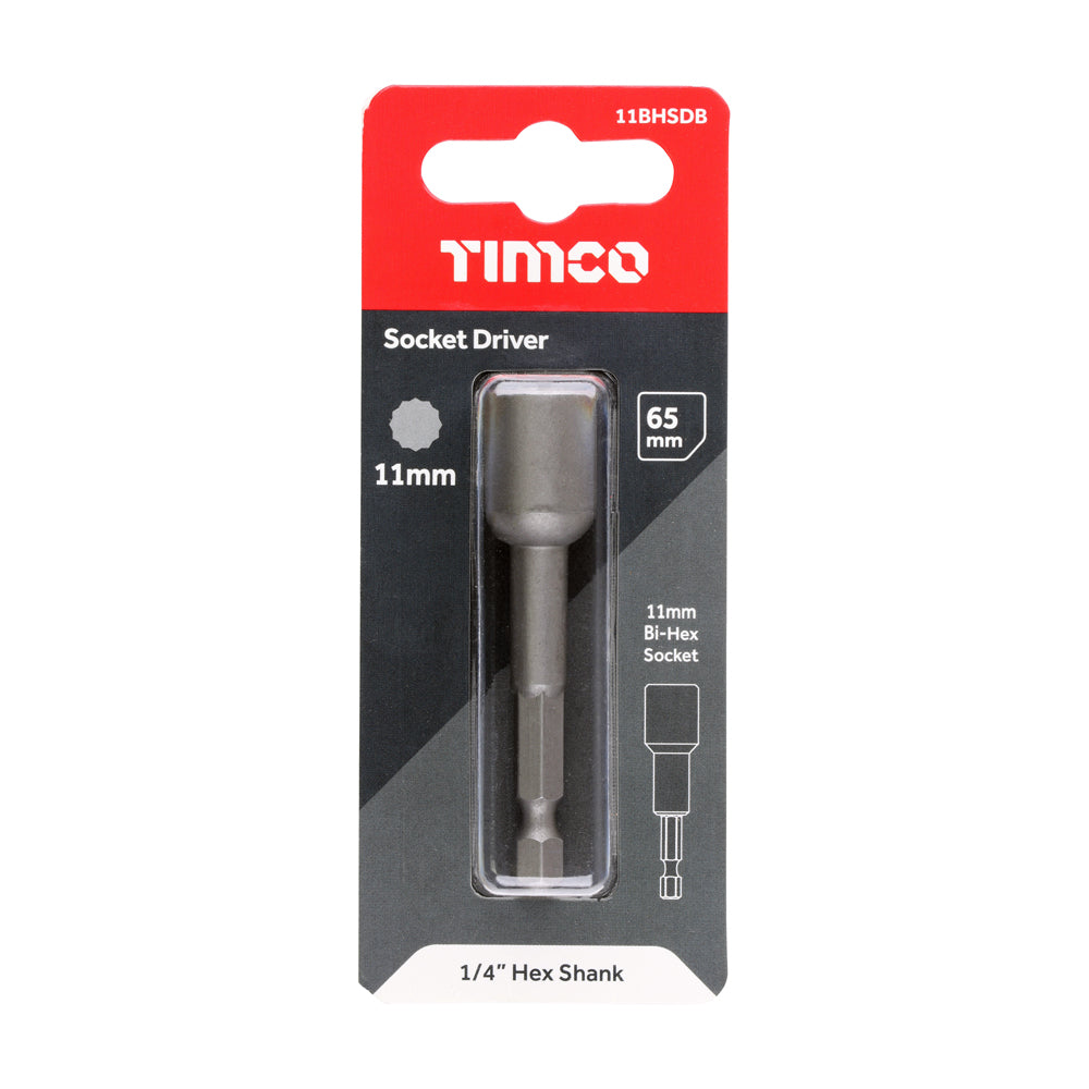 This is an image of Timco - Magnetic Socket Driver Bit - Bi-Hex 11 x 65 (1 Each Blister Pack) 11BHSDB