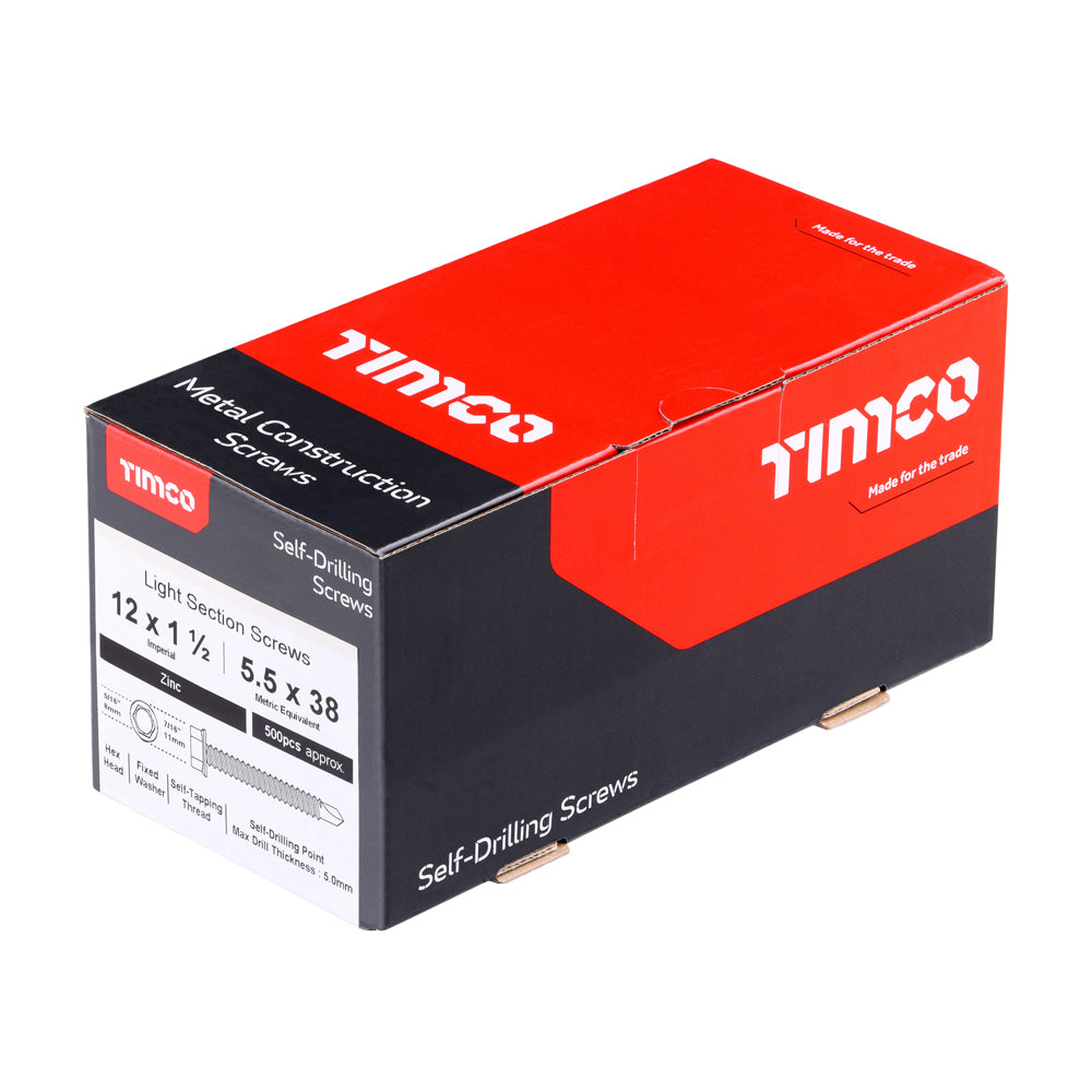 This is an image of Timco - Metal Construction Light Section Screws - Hex - Self-Drilling - Zinc 12 x 1 1/2" - (500 PCS Box) 12112HWSD