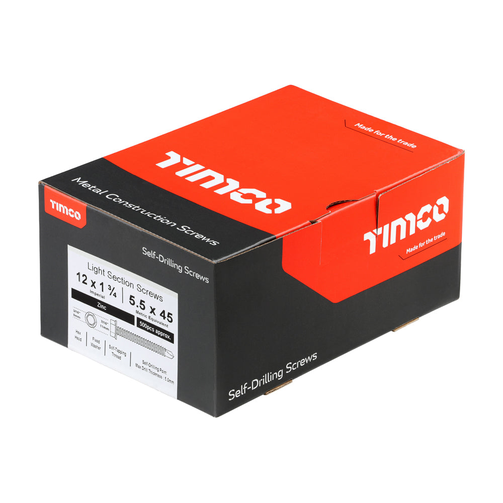 This is an image of Timco - Metal Construction Light Section Screws - Hex - Self-Drilling - Zinc 12 x 1 3/4" - (500 PCS Box) 12134HWSD