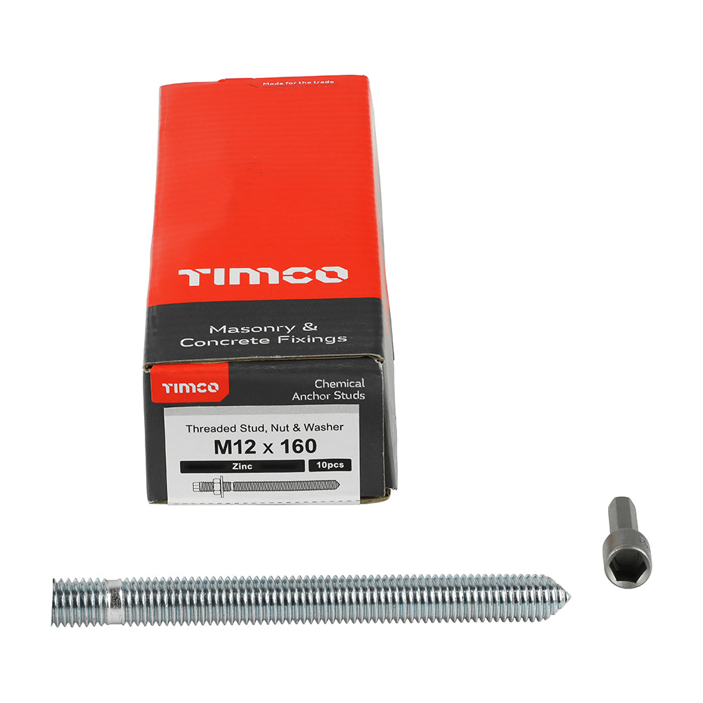 This is an image of Timco - Chemical Anchor Threaded Studs, Nuts & Washers - Zinc M12 x 160mm - (10 PCS Box) 12160CS