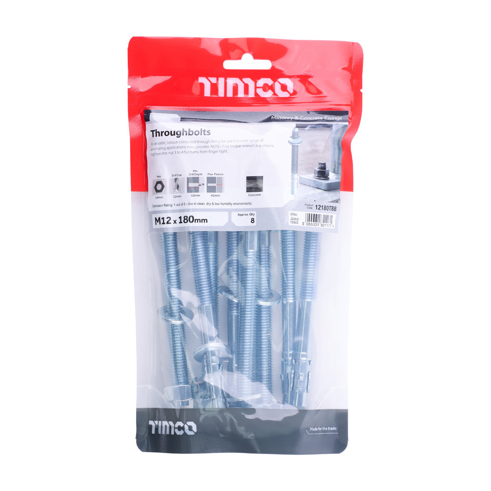 This is an image of Timco - Throughbolts - Zinc M12 x 180mm - (8 PCS TIMbag) 12180TBB