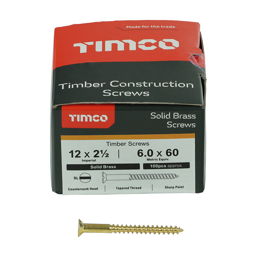 This is an image of Timco - Solid Brass Timber Screws - SLOT - Countersunk 12 x 2 1/2" - (100 PCS Box) 12212CBS
