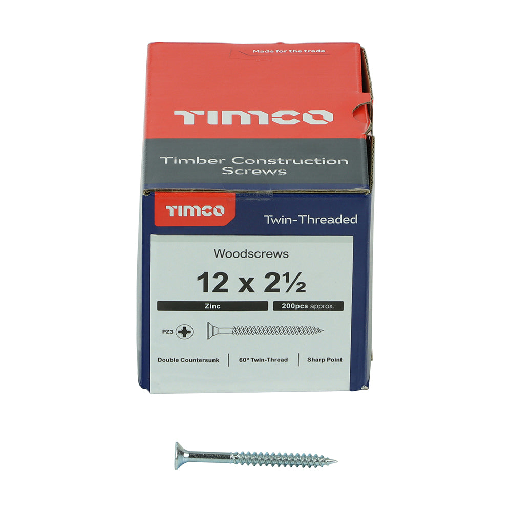 This is an image of Timco - Twin-Threaded Woodscrews - PZ - Double Countersunk - Zinc 12 x 2 1/2" - (200 PCS Box) 12212CWZ