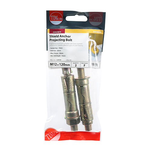 This is an image of Timco - Shield Anchor Projecting Bolts - Yellow M12:30P (M12 x 120)mm - (2 PCS TIMpac) 1230PSHP