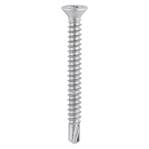 This is an image of Timco - Window Fabrication Screws - Countersunk - PH - Self-Tapping Thread - Self-Drilling Point - Martensitic Stainless Steel & Silver Organic 3.9 x 32mm - (1000 PCS Box) 124SS