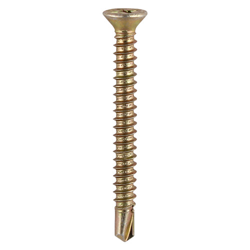 This is an image of Timco - Window Fabrication Screws - Countersunk - PH - Self-Tapping - Self-Drilling Point - Yellow 3.9 x 38mm - (1000 PCS Box) 125Y