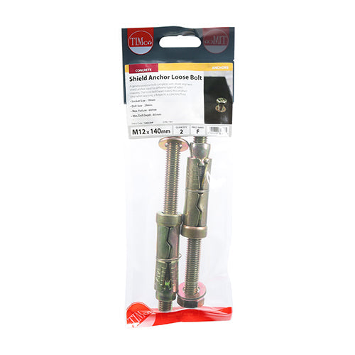 This is an image of Timco - Shield Anchor Loose Bolts - Yellow M12:60L (M12 x 140)mm - (2 PCS TIMpac) 1260LSHP