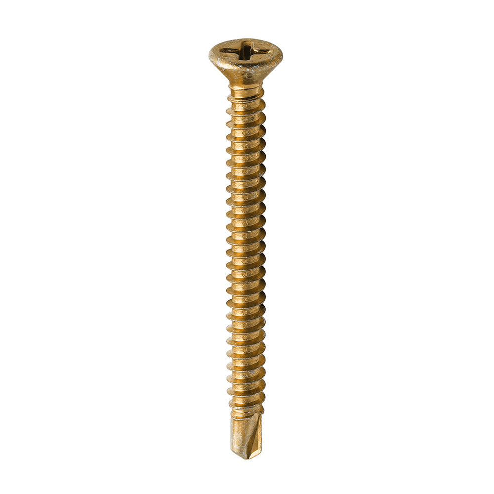 This is an image of Timco - Window Fabrication Screws - Countersunk - PH - Self-Tapping - Self-Drilling Point - Yellow 3.9 x 45mm - (500 PCS Box) 127Y