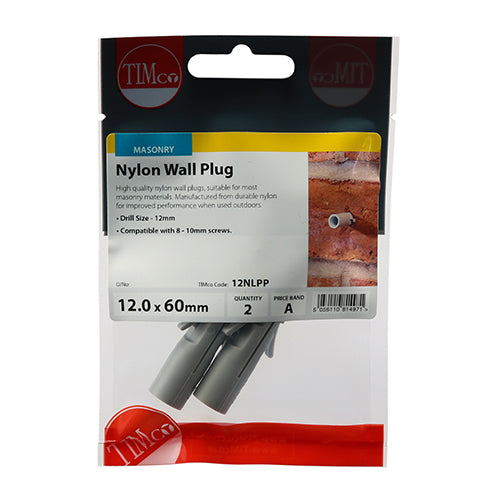 This is an image of Timco - Nylon Plugs 12.0 x 60mm - (2 PCS TIMpac) 12NLPP