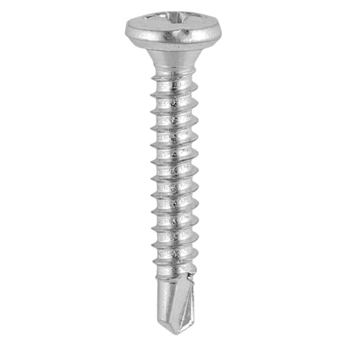 This is an image of Timco - Window Fabrication Screws - Friction Stay - Pan - PH - Self-Tapping Thread - Self-Drilling Point - Martensitic Stainless Steel & Silver Organic 4.8 x 23mm - (1000 PCS Box) 143SS