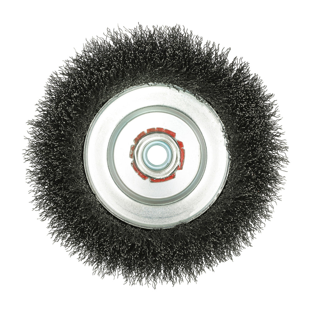This is an image of Timco - Wheel Brush with Plastic Reducer Set - Crimped Steel Wire 150mm (1 Each Blister Pack) 150HWC