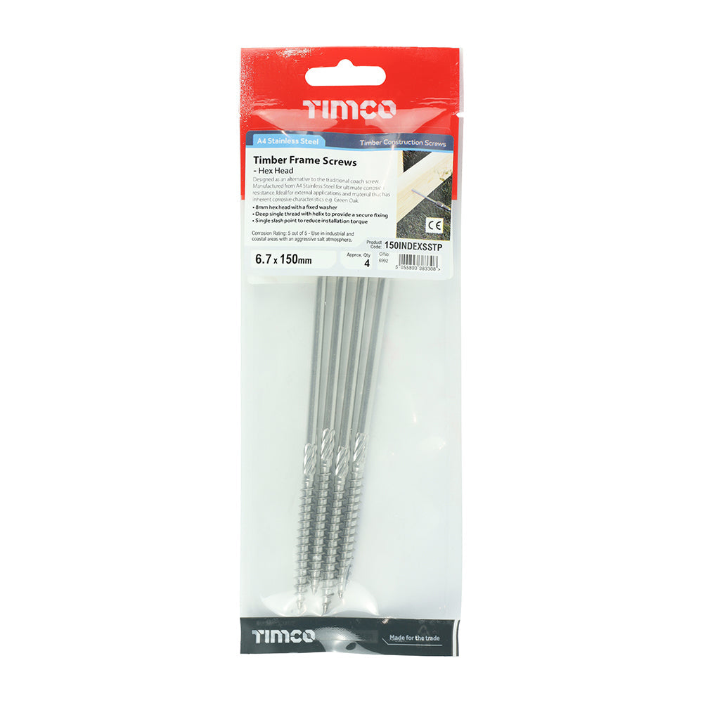 This is an image of Timco - Timber Screws - Hex - Stainless Steel 6.7 x 150mm - (4 PCS TIMpac) 150INDEXSSTP