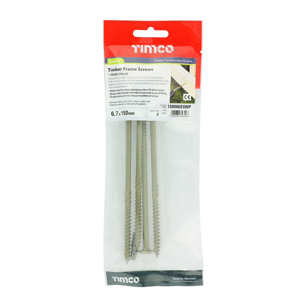 This is an image of Timco - Timber Screws - TX - Wafer - Exterior - Green 6.7 x 150mm - (4 PCS TIMpac) 150INDEXWP