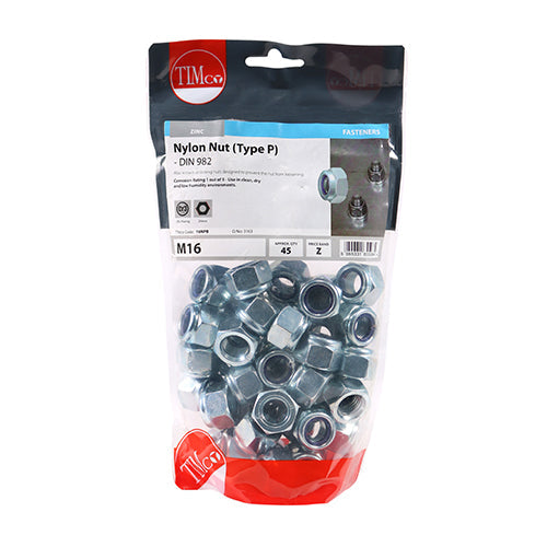 This is an image of Timco - Nylon Nuts - Type P - Zinc M16 - (45 PCS TIMbag) 16NPB