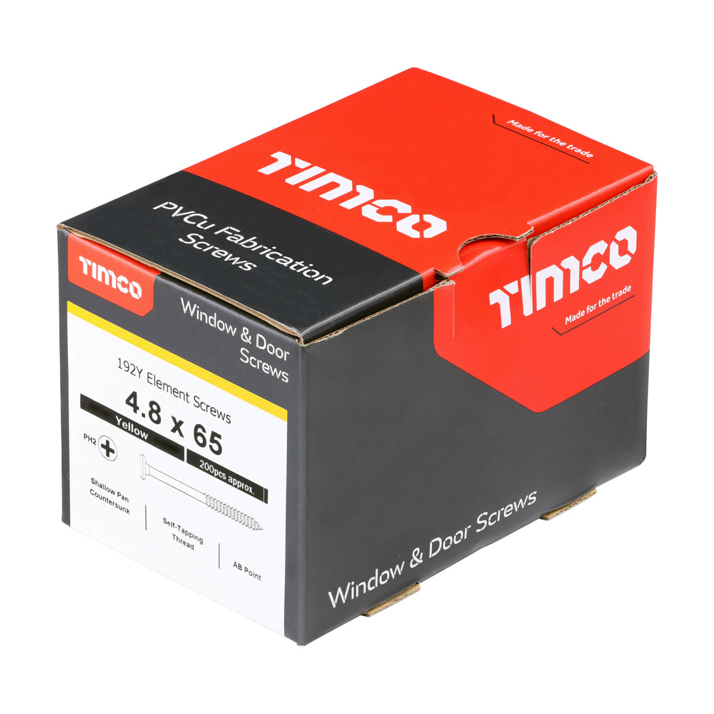This is an image of Timco - Element Screws - Shallow Pan Countersunk - PH - Self-Tapping Thread - AB Point - Yellow 4.8 x 65mm - (200 PCS Box) 192Y