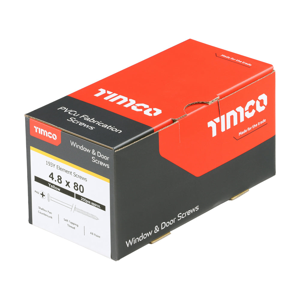 This is an image of Timco - Element Screws - Shallow Pan Countersunk - PH - Self-Tapping Thread - AB Point - Yellow 4.8 x 80mm - (200 PCS Box) 193Y