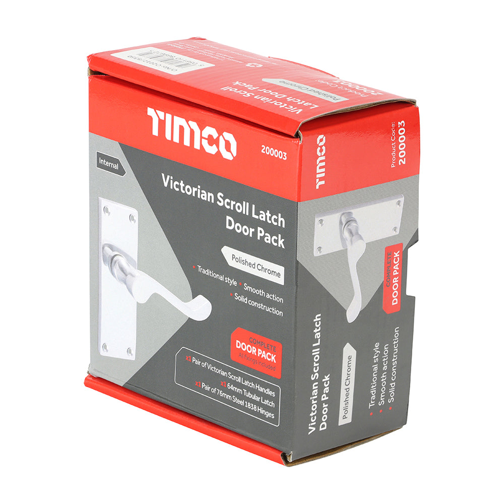 This is an image of Timco - Victorian Scroll Latch Door Pack - Polished Chrome Mixed (1 Each Box) 200003