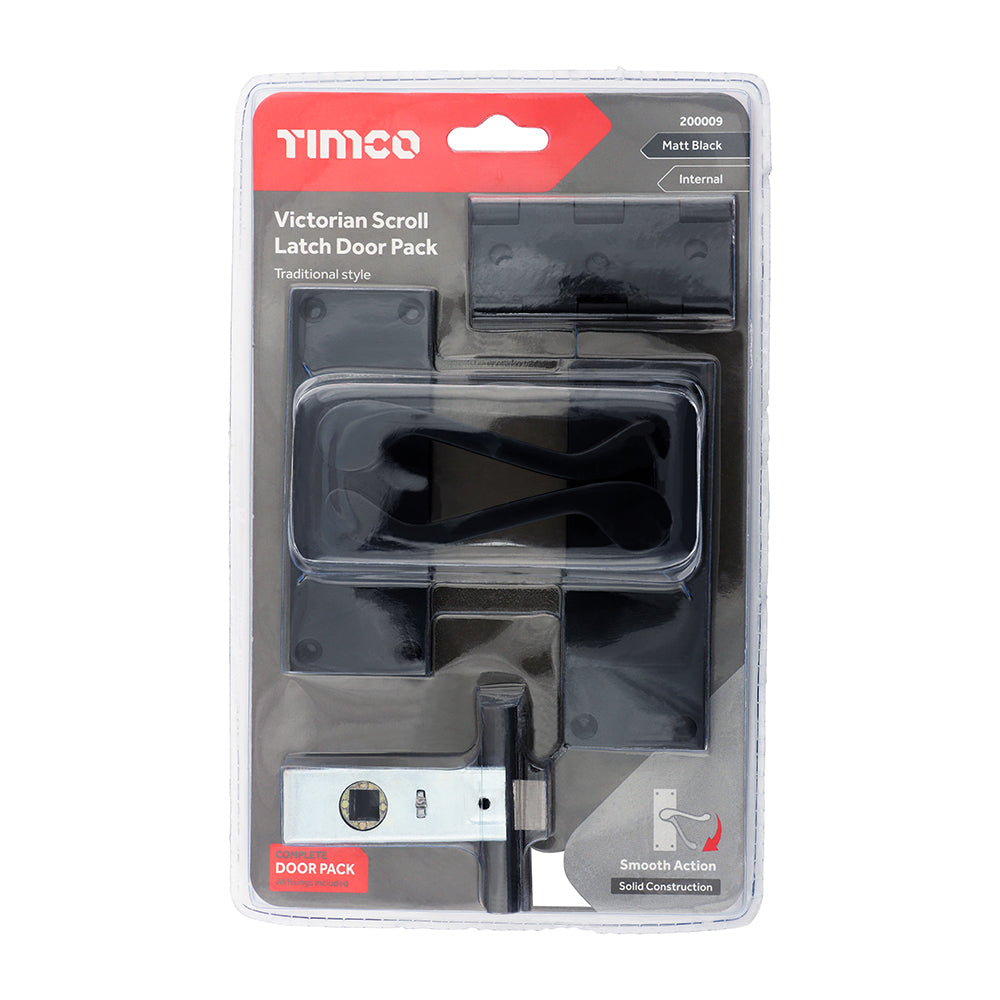 This is an image of Timco - Victorian Scroll Latch Door Pack - Matt Black Mixed (1 Each Blister Pack) 200009