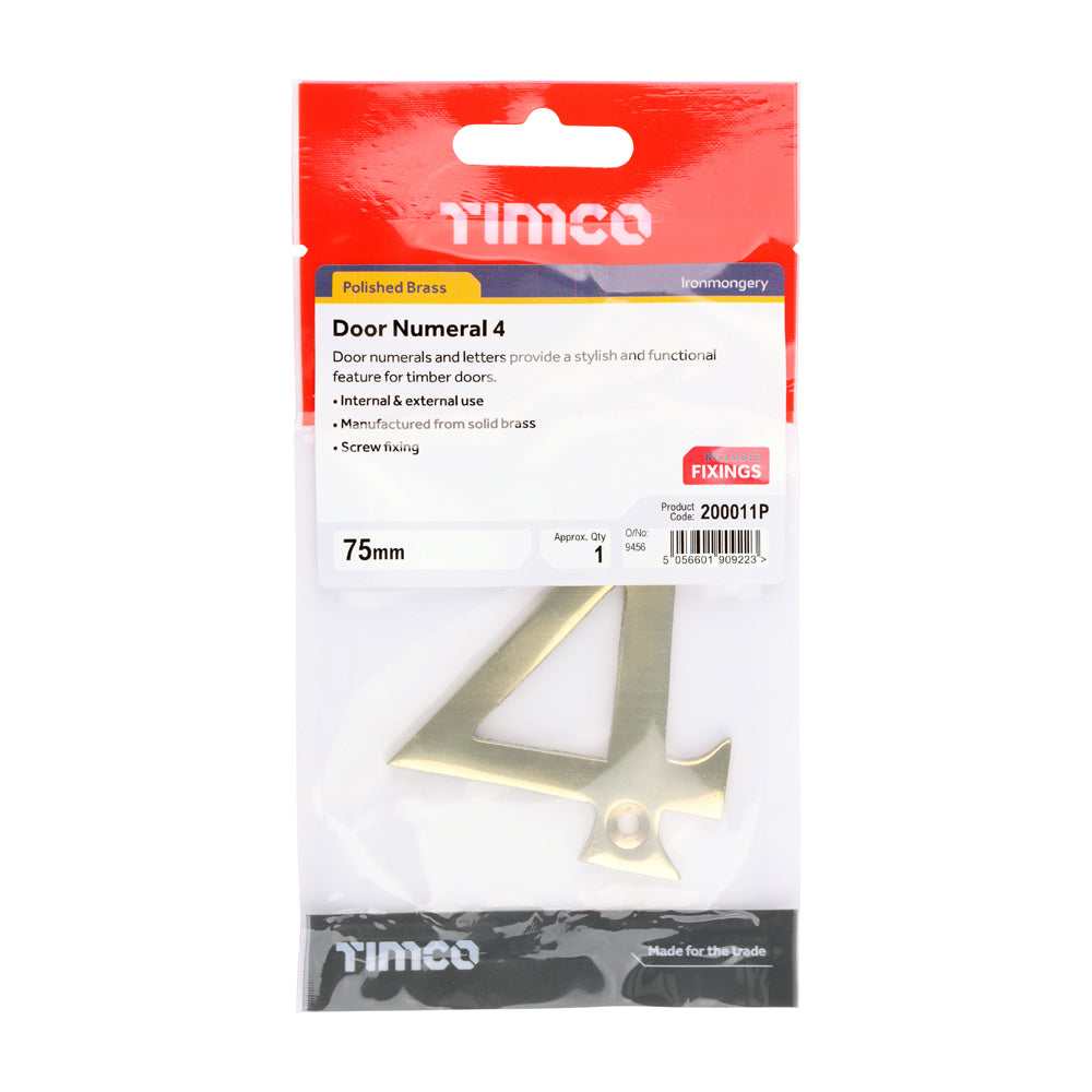 This is an image of Timco - Door Numeral 4 - Polished Brass 75mm (1 Each TIMpac) 200011P