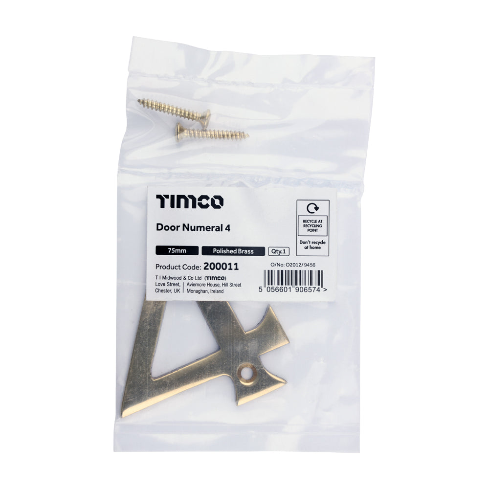 This is an image of Timco - Door Numeral 4 - Polished Brass 75mm (1 Each Bag) 200011