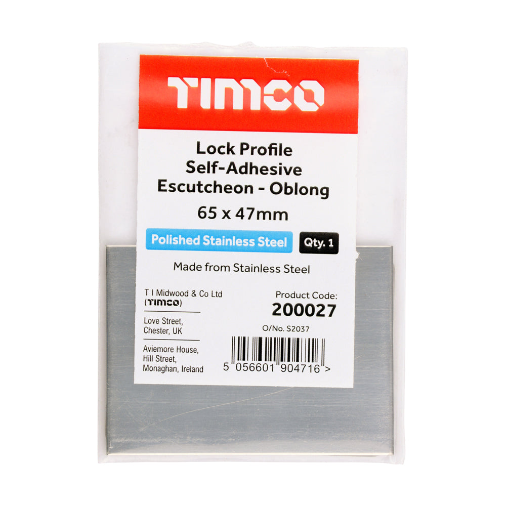 This is an image of Timco - Lock Profile Self-Adhesive Escutcheon - Oblong - Polished Stainless Steel 65 x 47 (1 Each Bag) 200027