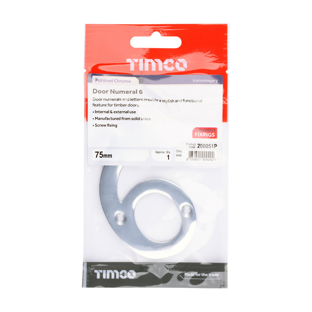 This is an image of Timco - Door Numeral 6 - Polished Chrome 75mm (1 Each TIMpac) 200051P