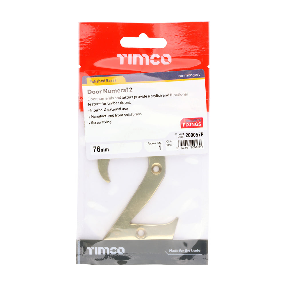 This is an image of Timco - Door Numeral 2 - Polished Brass 76mm (1 Each TIMpac) 200057P
