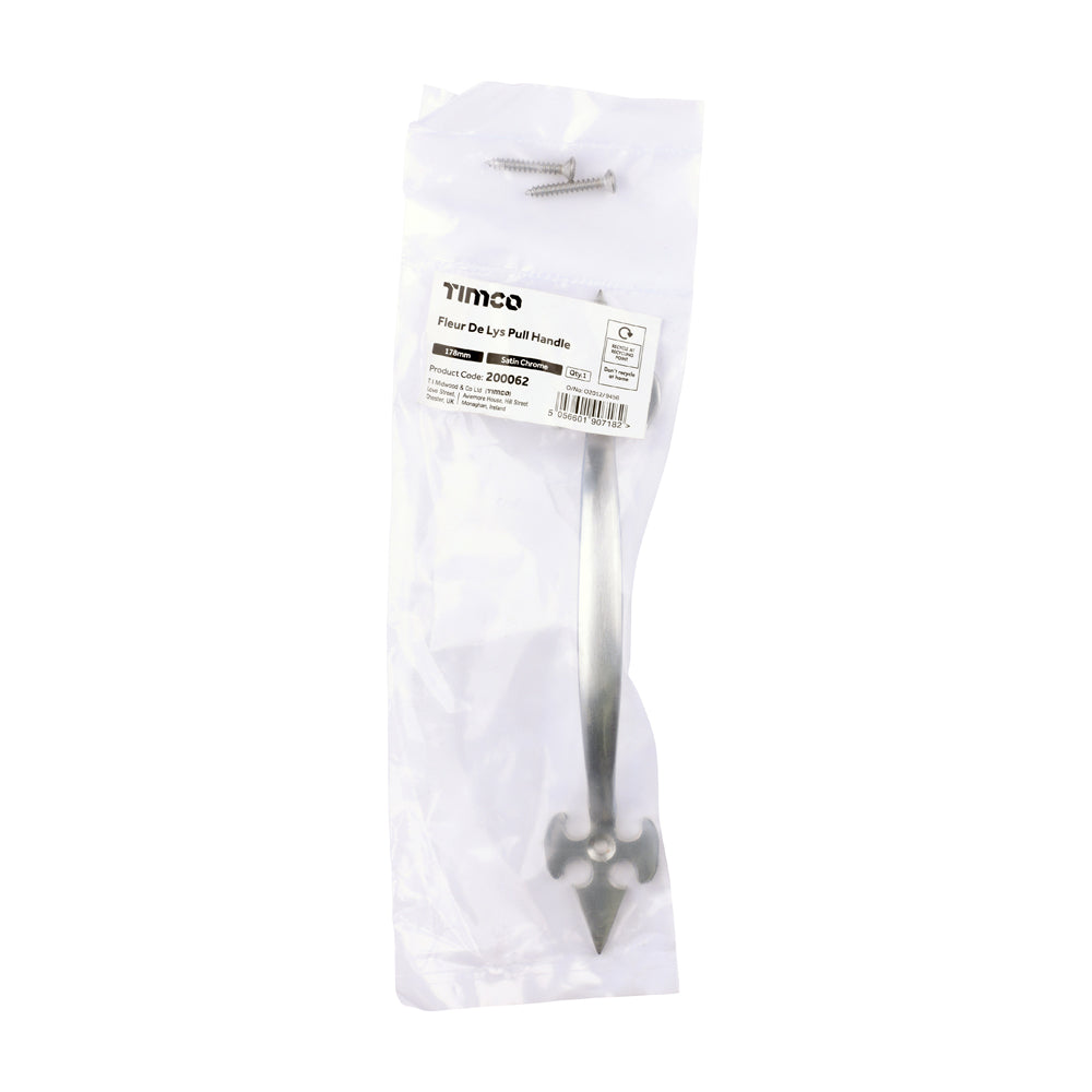 This is an image of Timco - Fleur De Lys Pull Handle - Satin Chrome 178mm (1 Each Bag) 200062