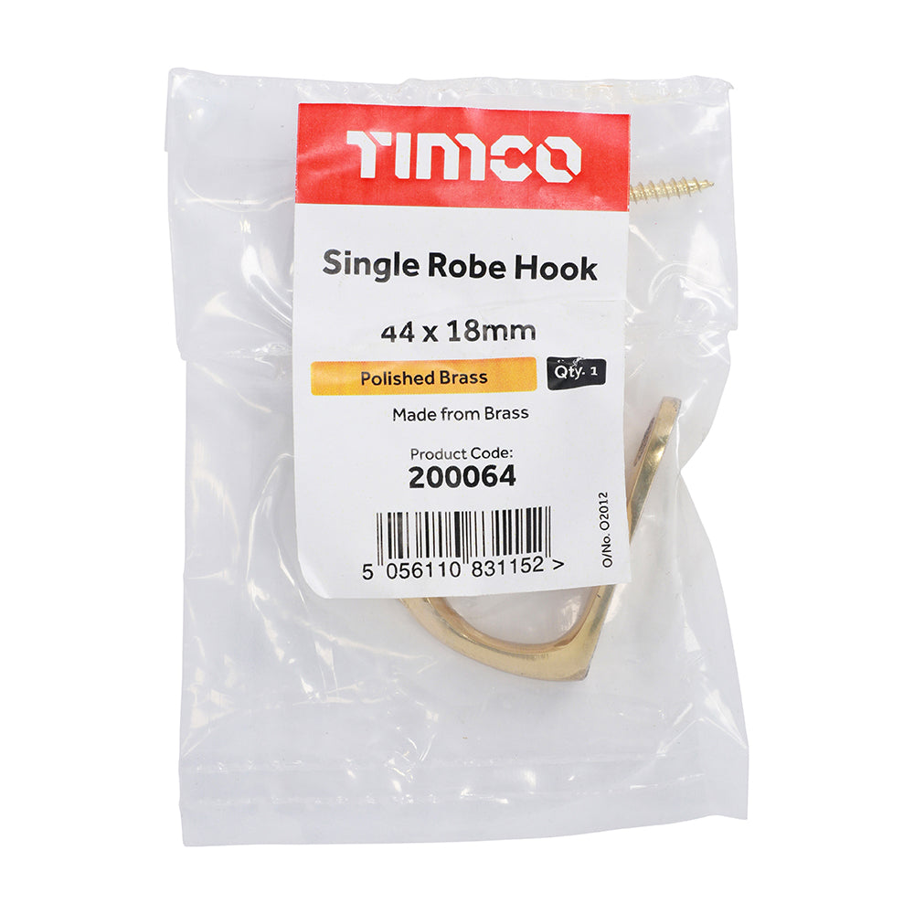 This is an image of Timco - Single Robe Hook - Polished Brass 44 x 18mm (1 Each Bag) 200064